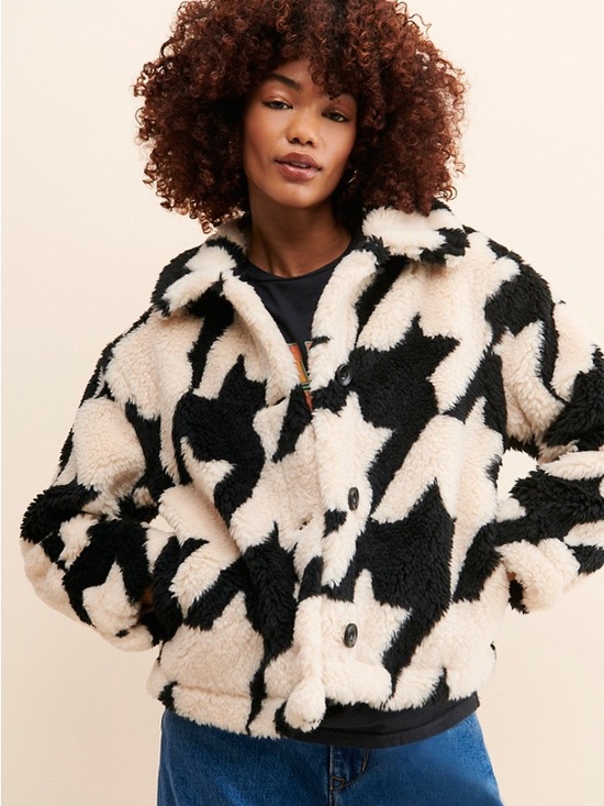 Blank NYC Jackets & Blazers - Women’s Black & Cream Faux Shearling Jacket - “Love Birds Houndstooth Coat”